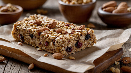 Delicious homemade granola bar with almonds, cranberries, and oats. Perfect healthy snack.
