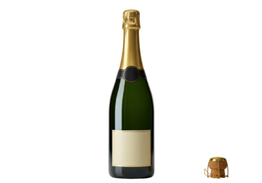 Isolated green champagne bottle with a gold foil top, black label and a popped cork near it