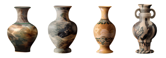 4 different stone vases, in the style of greek art, isolated on a transparent background.
