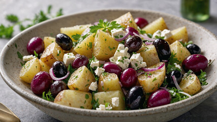 Delicious roasted potato salad with Kalamata olives, feta cheese, red onion, and fresh parsley.