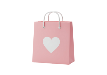 Isolated pink paper gift bag with heart emblem, promotional marketing merchandise product