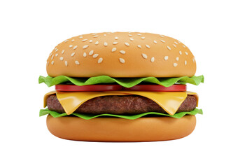 Isolated cheeseburger on a bun with sesame seeds and fresh toppings like tomato and lettuce