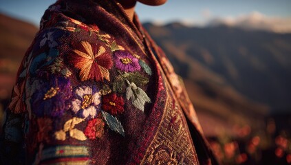 Close-up of richly embroidered shawl