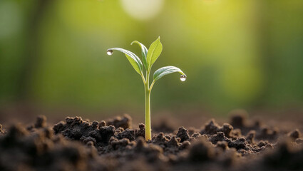 Close-up of a young plant seedling with dew drops on its leaves, growing in soil.  New life, growth concept.