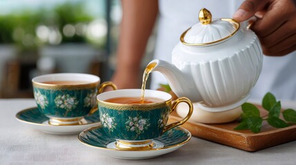 Fototapeta premium Waiter pouring tea from white teapot into elegant green teacup
