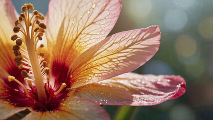 Macro shot of a hibiscus flower with water droplets on its petals.  Vibrant colors and intricate details.
