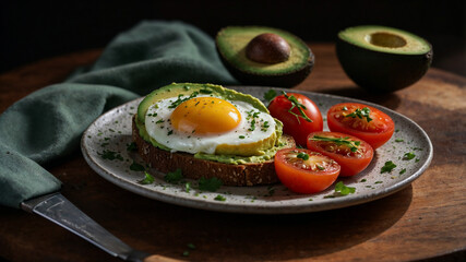 Delicious avocado toast topped with a fried egg and cherry tomatoes. Healthy breakfast or brunch.