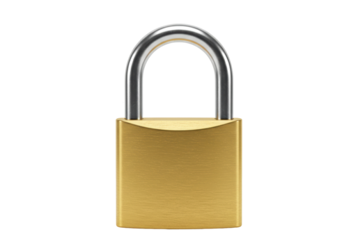 Isolated golden padlock with silver shackle for security, safety, access control or privacy