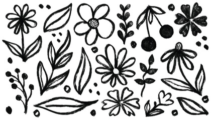 Flower brush stroke hand drawn sketch doodle flower, floral leaf elements ink style vector set. Simple botanical silhouette. Nature black paint kid scribble collage. Black rough flower border brush 