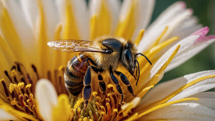 Close-up of a honeybee collecting pollen from a vibrant yellow flower.  High-resolution nature photography.
