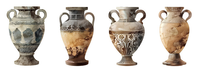 4 different stone vases, in the style of greek art, isolated on a transparent background.