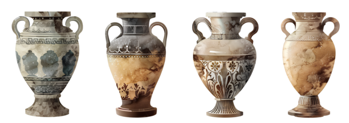 4 different stone vases, in the style of greek art, isolated on a transparent background.