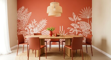 Stylish modern dining room interior with a terracotta accent wall featuring a botanical leaf mural.