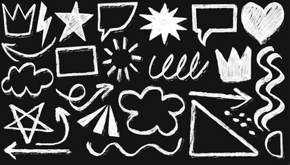 Crayon scribble line sketch style pencil sketch. Blackboard doodles collection. Hand drawn rock punk music star grunge heart shape doodle icon element set. Grunge arrow paint chalk brush stroke vector