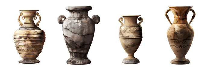 4 different stone vases, in the style of greek art, isolated on a transparent background.