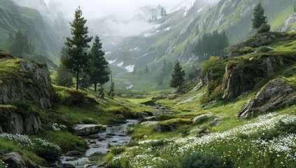 Mountain stream flows through lush green valley, misty peaks in background; nature travel poster