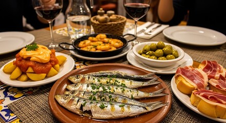 Obraz premium Spanish Tapas Feast - A Delicious Variety of Traditional Dishes.