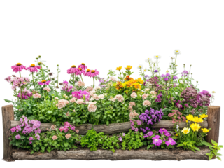 Outdoor garden bed with natural blooming flowers