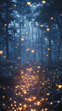 Mystical Forest Trail of Hearts:  A magical, ethereal forest path illuminated by enchanting, glowing heart-shaped lights, creating a romantic and dreamlike atmosphere. 
