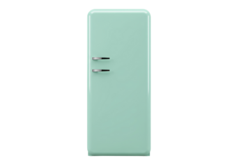 Isolated classic refrigerator with handles, retro design, in mint green, kitchen appliance