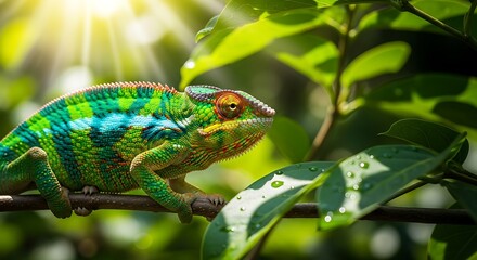 Obraz premium Vibrant Chameleon Clinging to Branch in Lush Green Foliage.