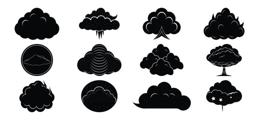 Set of Twelve Black Cloud Silhouettes on White Background for Design Elements