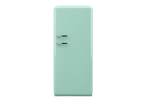 Isolated classic refrigerator with handles, retro design, in mint green, kitchen appliance