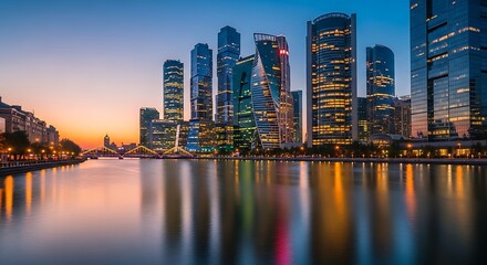 Obraz premium Moscow City Skyline at Dusk Reflected in River.