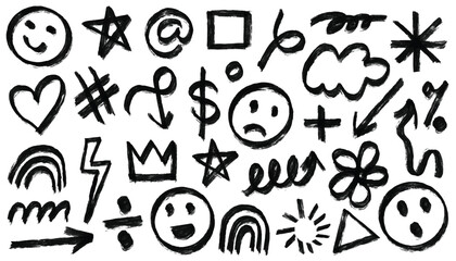 Smile brush hand drawn vector element emoticons set. Emoji fun comic face, heart, crown symbol crayon marker backdrop kid sketch drawing style. Black smiley face, sad and happy, scribble line arrow 