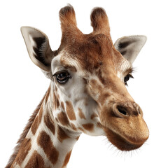 Obraz premium Detailed portrait of a giraffe's face with intricate markings and textures prominently, emphasizing its natural beauty and majestic appearance. isolated on transparent background. PNG, cutout.