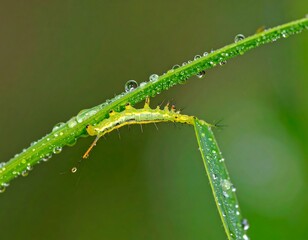 Naklejka premium Green caterpillar on dewy grass blade