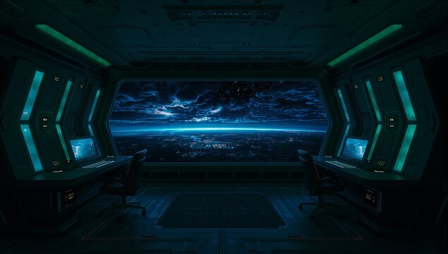 Spaceship Cockpit Interior with a View of Space and Planet.