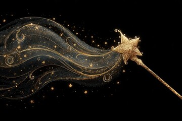 Golden magic wand with sparkling trail fantasy and dreams fairytale charm on transparent background