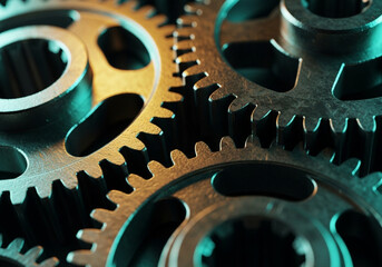 Close up of interlocking metal gears in a mechanical system with teal lighting