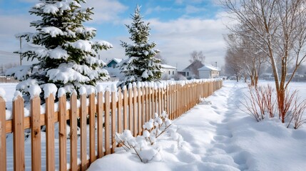 Wooden fence covered with snow during wintertime in a residential area