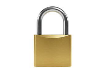Fototapeta premium Isolated closed metal padlock, gold colored lock with silver shackle, security concept