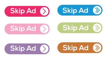 Skip Ad Button Icon Set – Online Video Player Advertisement Skip Symbols for Web, UI, and App Design Vector.
