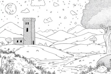 Obraz premium Nighttime landscape drawing, stylized