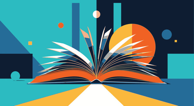 An open book radiates knowledge and imagination in a vibrant, abstract, geometric illustration with a colorful background.