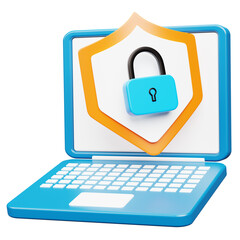 3D Rendered Laptop with Shield and Padlock for Data Security Concept