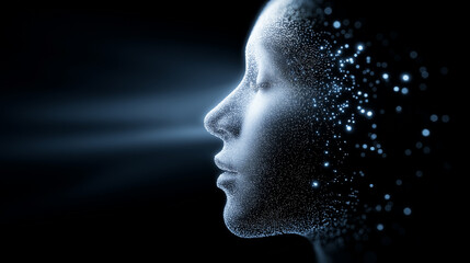 Profile of a human face composed of floating digital particles glowing in the dark.
