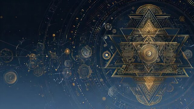 Celestial Geometry: Intricate gold geometric shapes and patterns float across a deep blue backdrop, creating a mesmerizing visual tapestry that speaks to the mysteries of the universe.