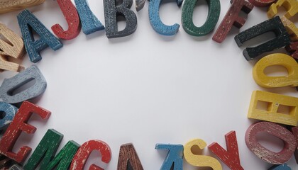 Creative background with a border of jumbled wooden ABC letters, representing the fundamentals of spelling, reading, and knowledge