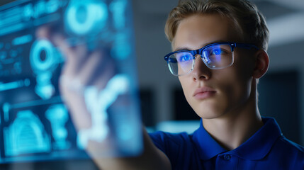 Young man interacting with a virtual holographic interface in high-tech environment.
