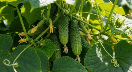 Close-up of Fresh Cucumbers Growing on Vine with Yellow Flowers and Leaves