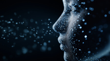 Abstract profile of a digital human face formed by glowing blue particles in a dark space.
