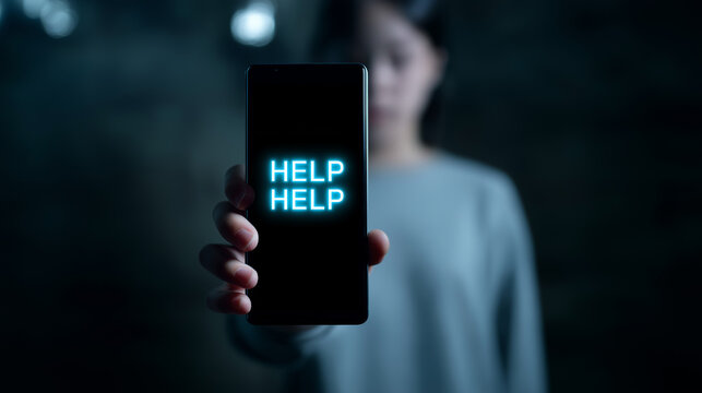 A person holding a smartphone forward, screen displaying “HELP HELP” in bright blue text, symbolizing danger, urgency, or a call for help.
