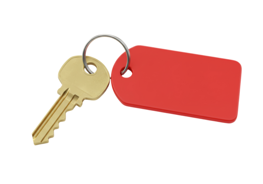 Isolated Modern Key With Blank Red Tag Metal Ring Concept for Security Access Control