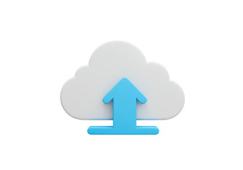 Isolated digital 3D cloud icon with blue arrow pointing upward, file download or upload, data transfer