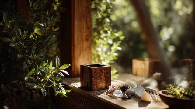 Focused medium shot on the handcrafted wood exterior of a meditation sanctuary cube with foliage and retreat elements softly out of focus promoting tranquility and EMF noise